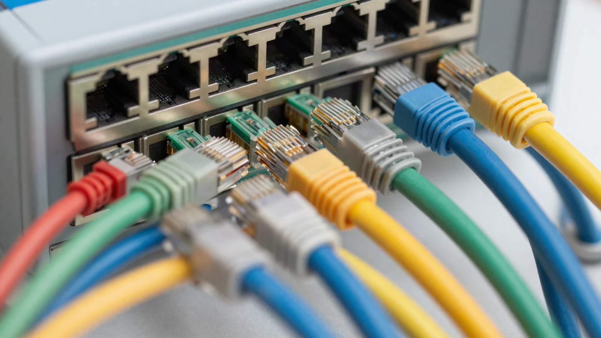 Macro of colored ethernet cables neatly patched into a network switch with link LEDs lit