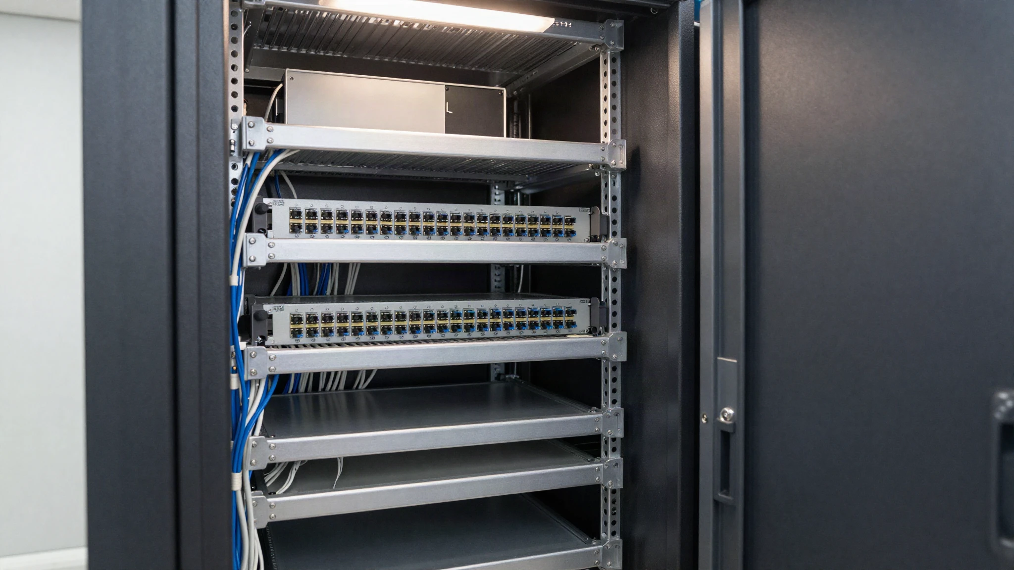 A small tidy server closet with a wall mounted rack and immaculate cable management