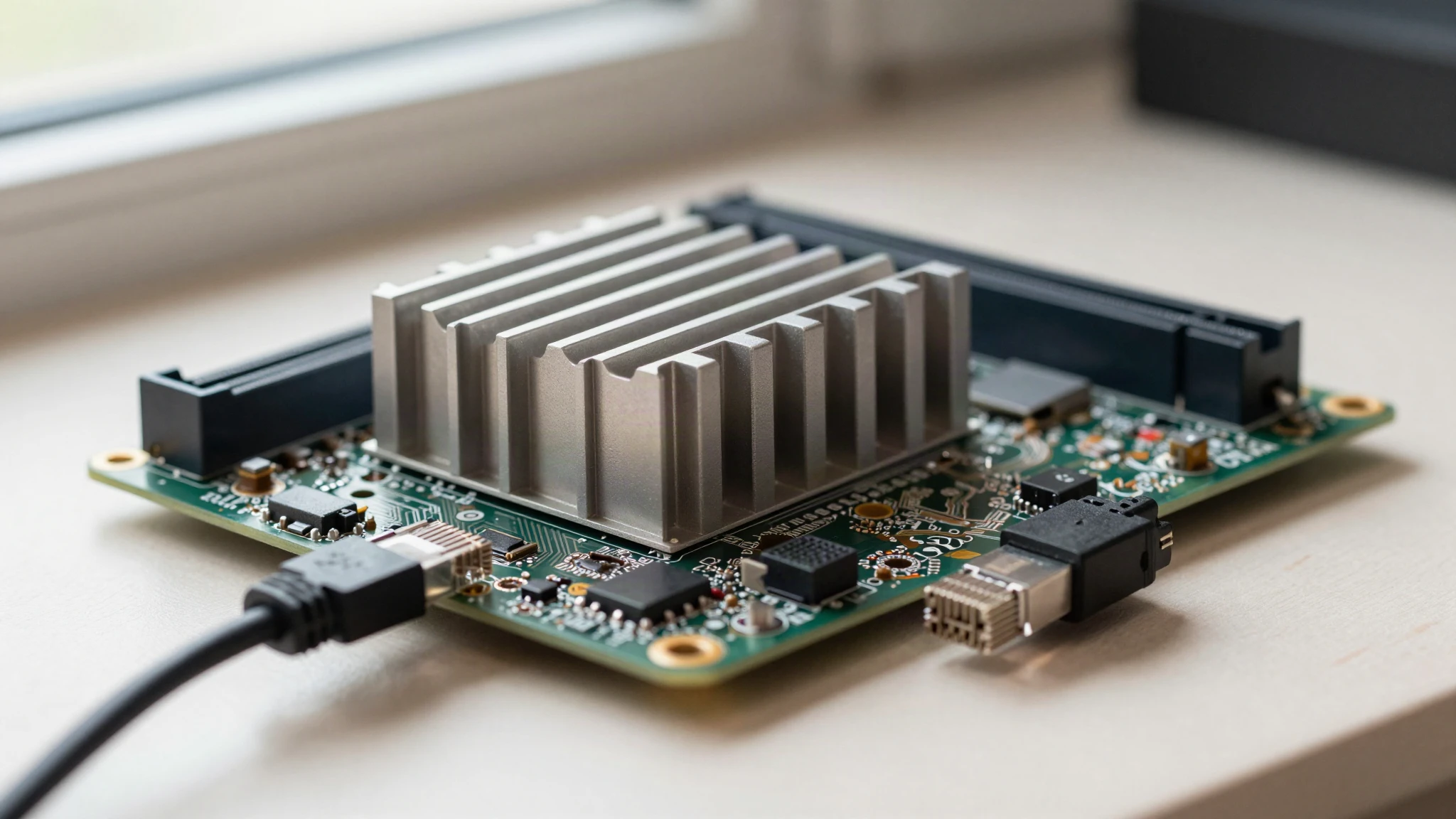Macro of a single board computer on a workbench with a heatsink and connected ethernet cable