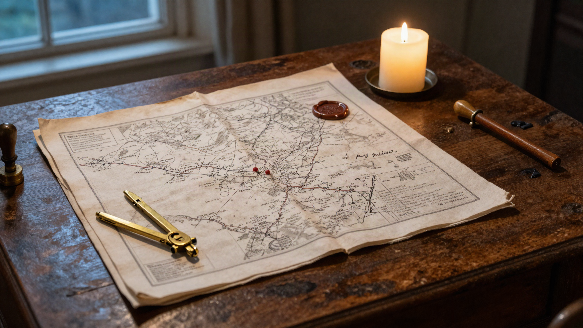 An early nineteenth century campaign desk with a route-marked field map, brass dividers and a wax seal.