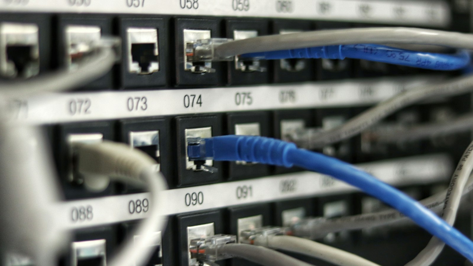 Blue network cables plugged into a patch panel, illustrating that automation failures happen at the handoffs between systems
