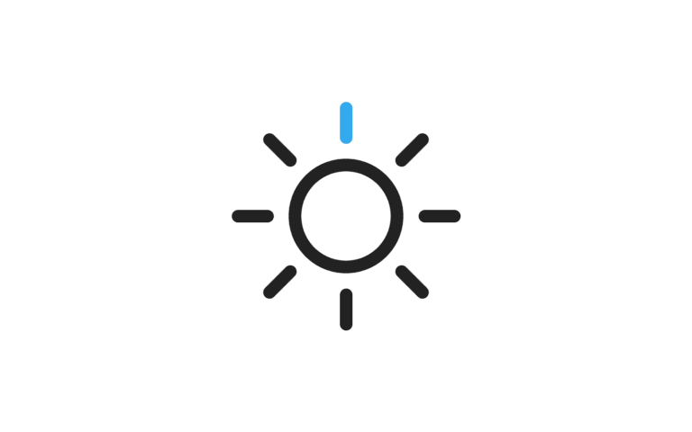 Minimal line icon of a sun with eight rays, the top ray in blue, on a white background