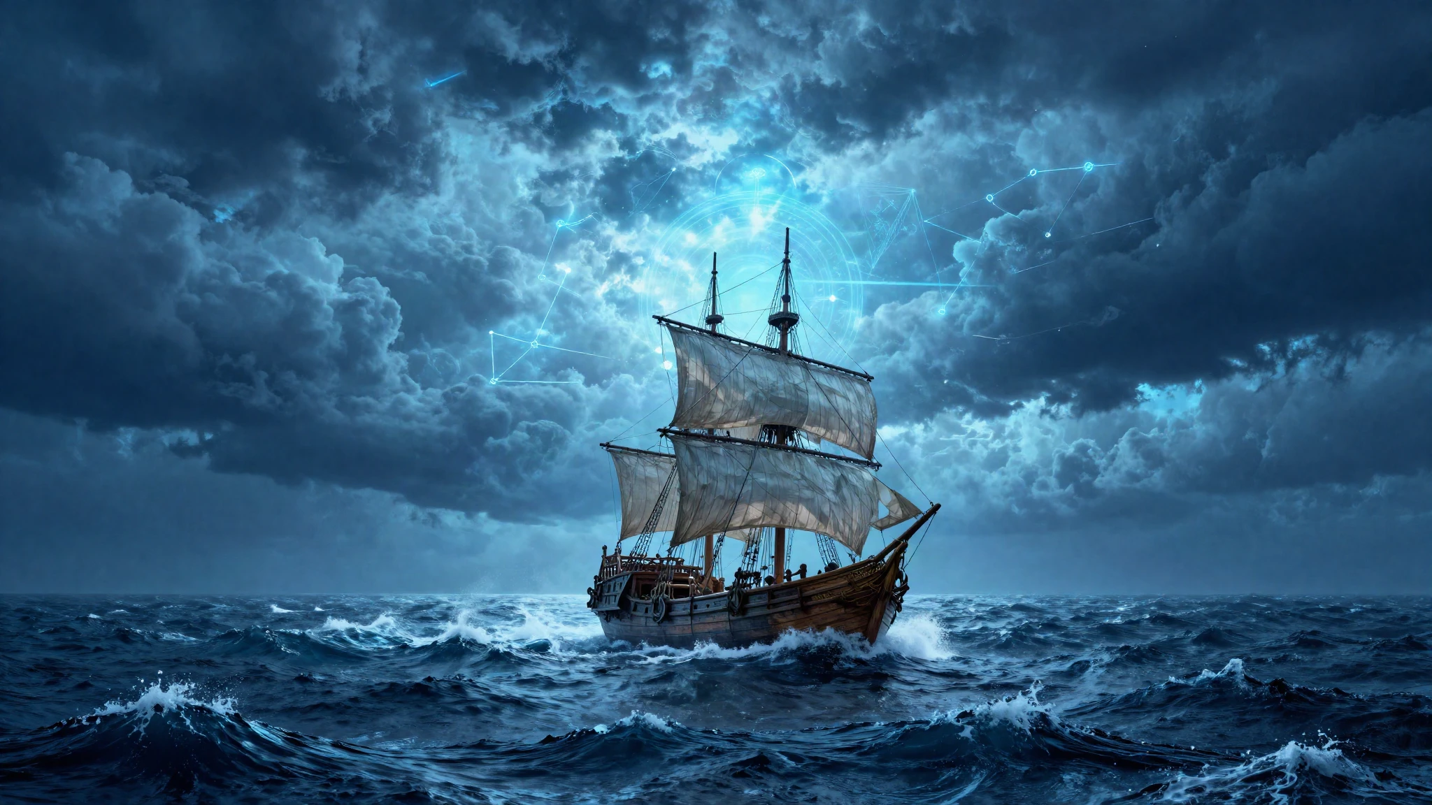 Ancient Greek ship alone on a storm sea in blue light