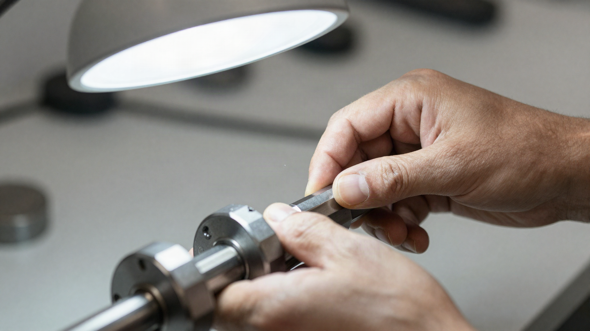 Working hands turning a machined metal part under a task lamp, a hairline flaw catching the light.