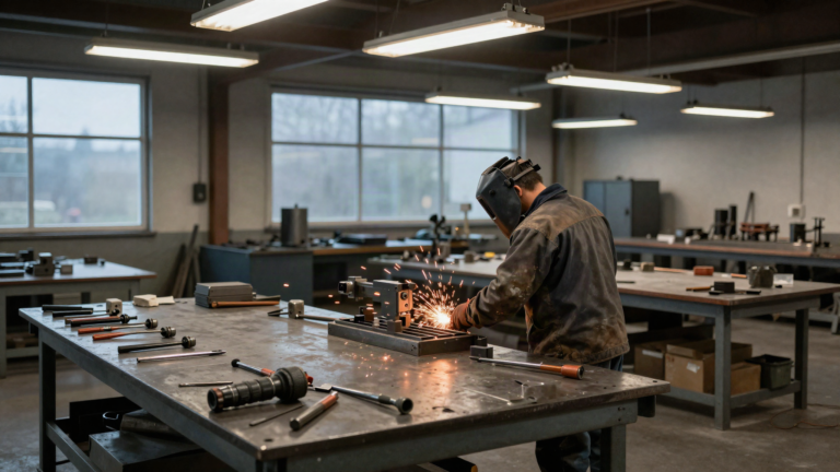 A fabricator pauses over a jig mid-shift, checking work nobody asked him to check.