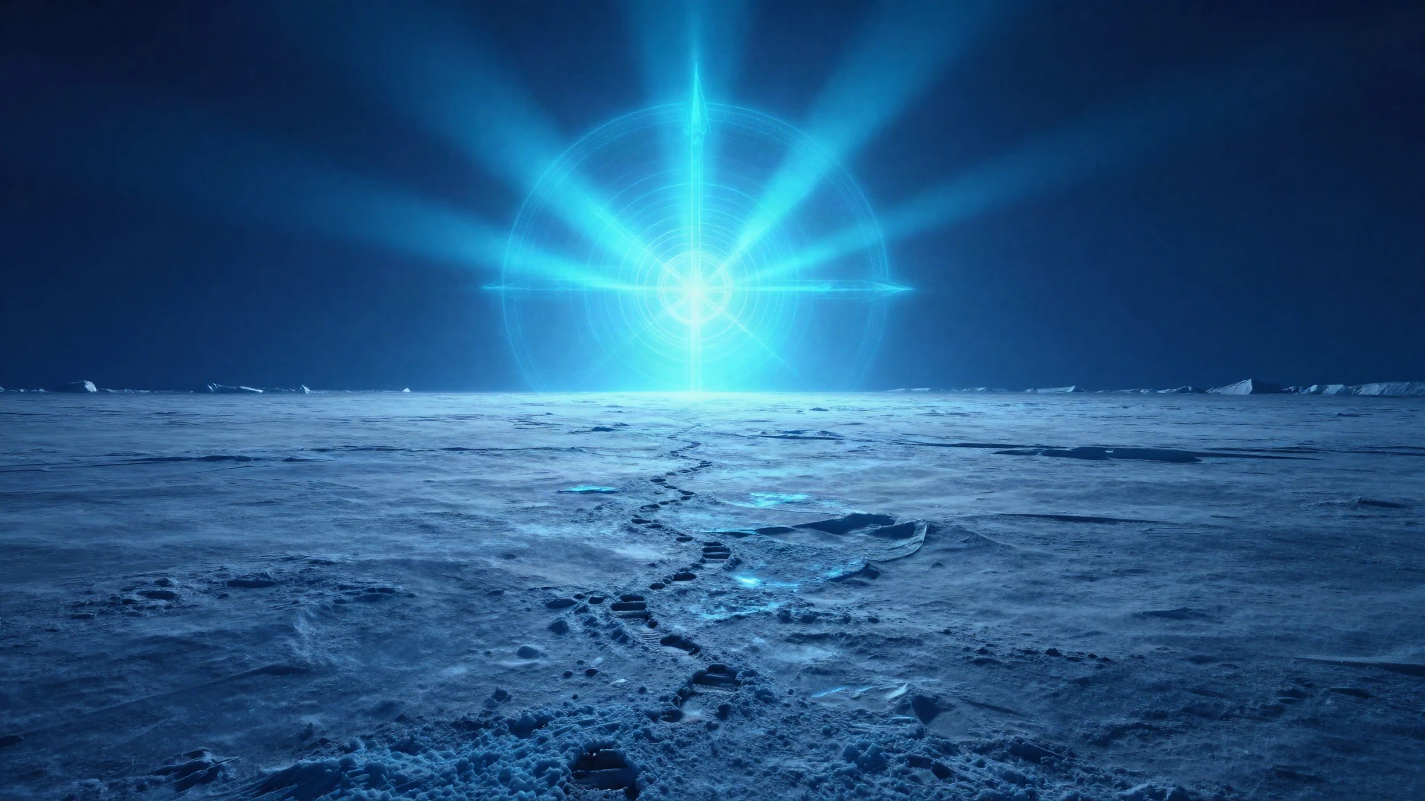 Arctic ice field with a single line of footprints running to the horizon