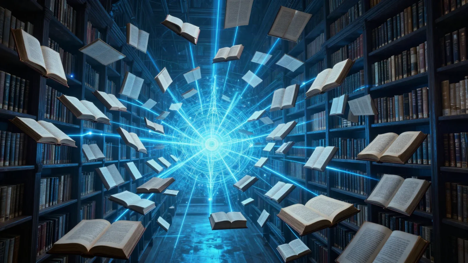 Vast archive hall of floating manuscript pages linked by blue light