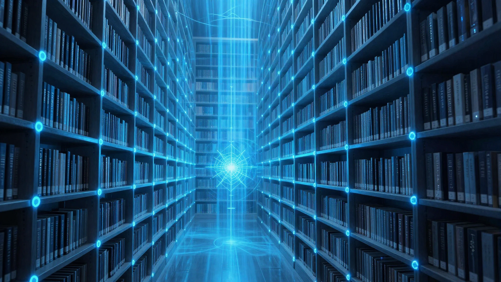 Library corridor with glowing blue index lines linking shelves