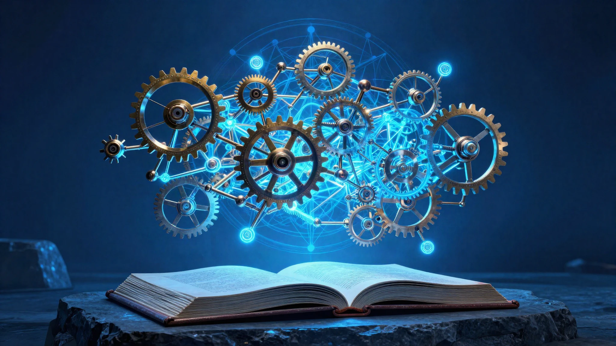 Lattice of glowing blue nodes and gears above an open codex