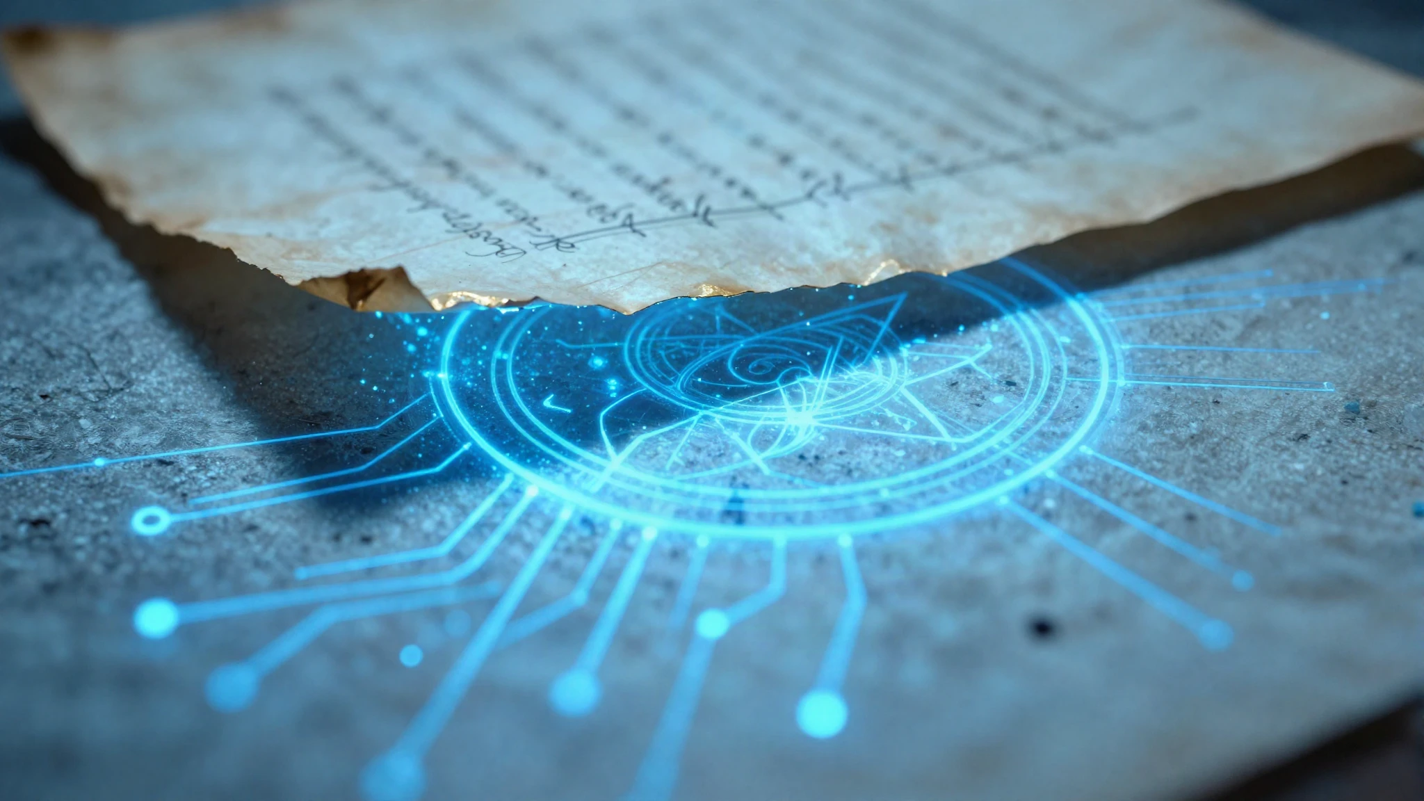 Parchment page dissolving into blue data particles
