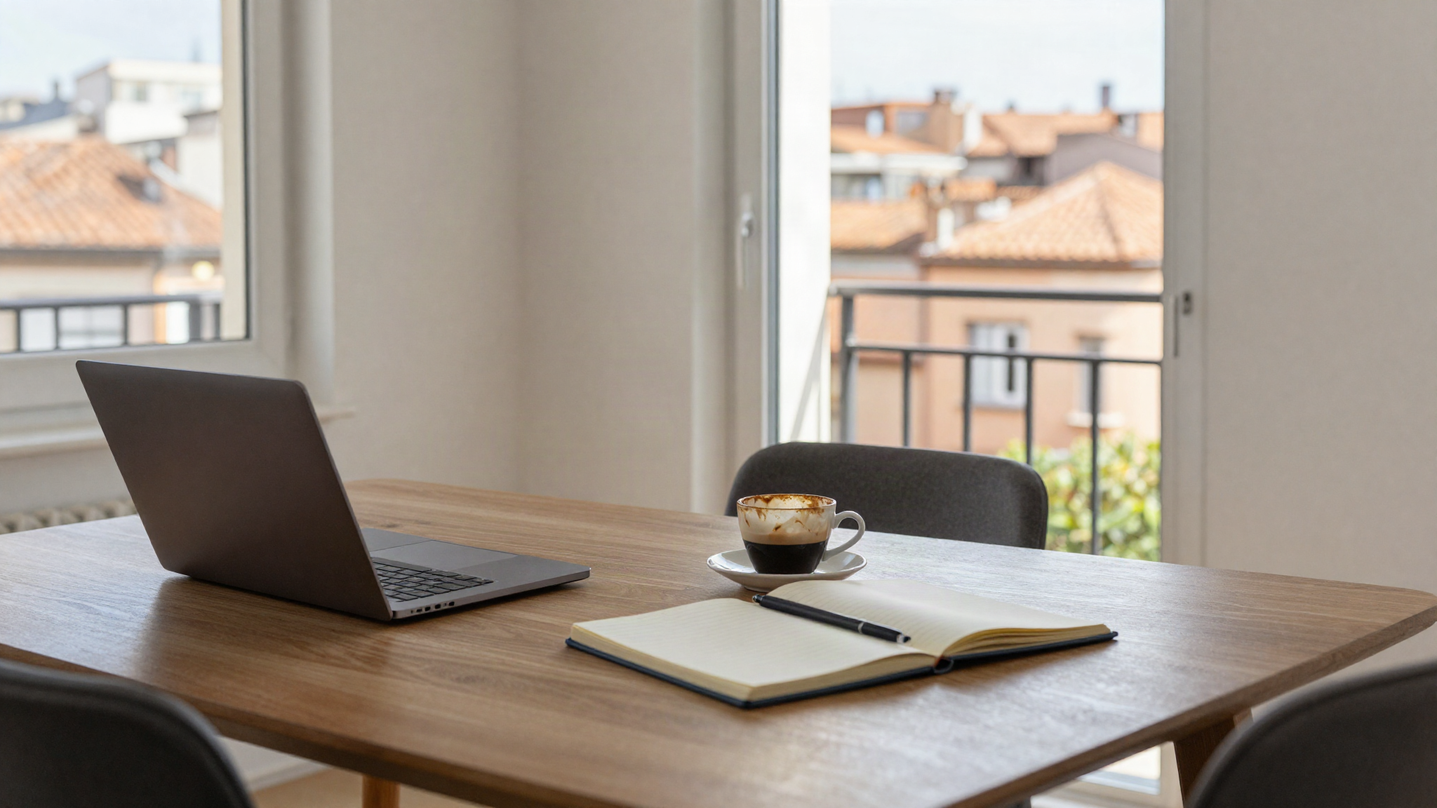 Rented apartment table in a foreign city with a closed laptop, cold coffee and open balcony doors