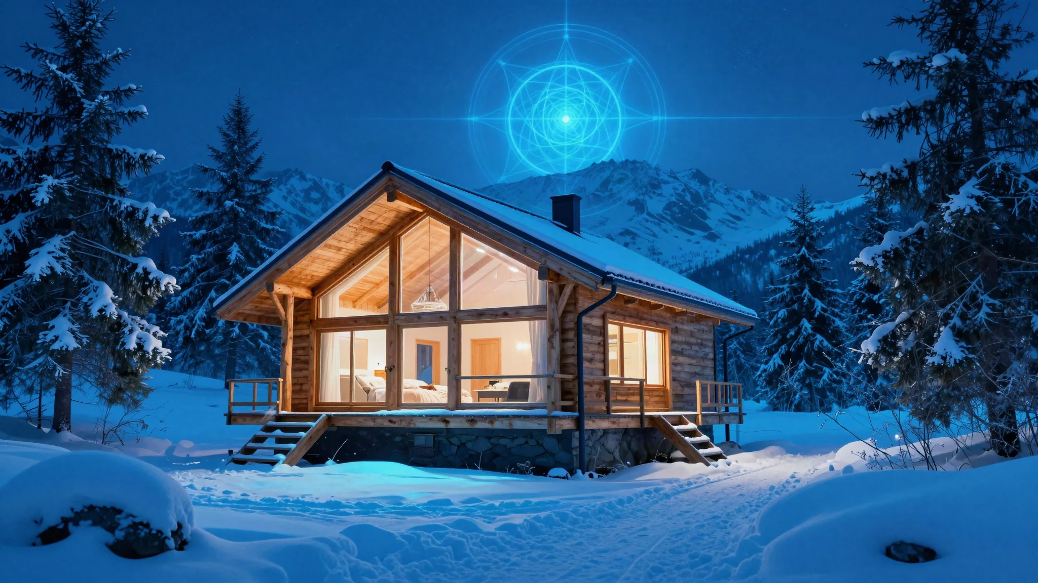 A modern timber and glass mountain cabin at night with every window lit