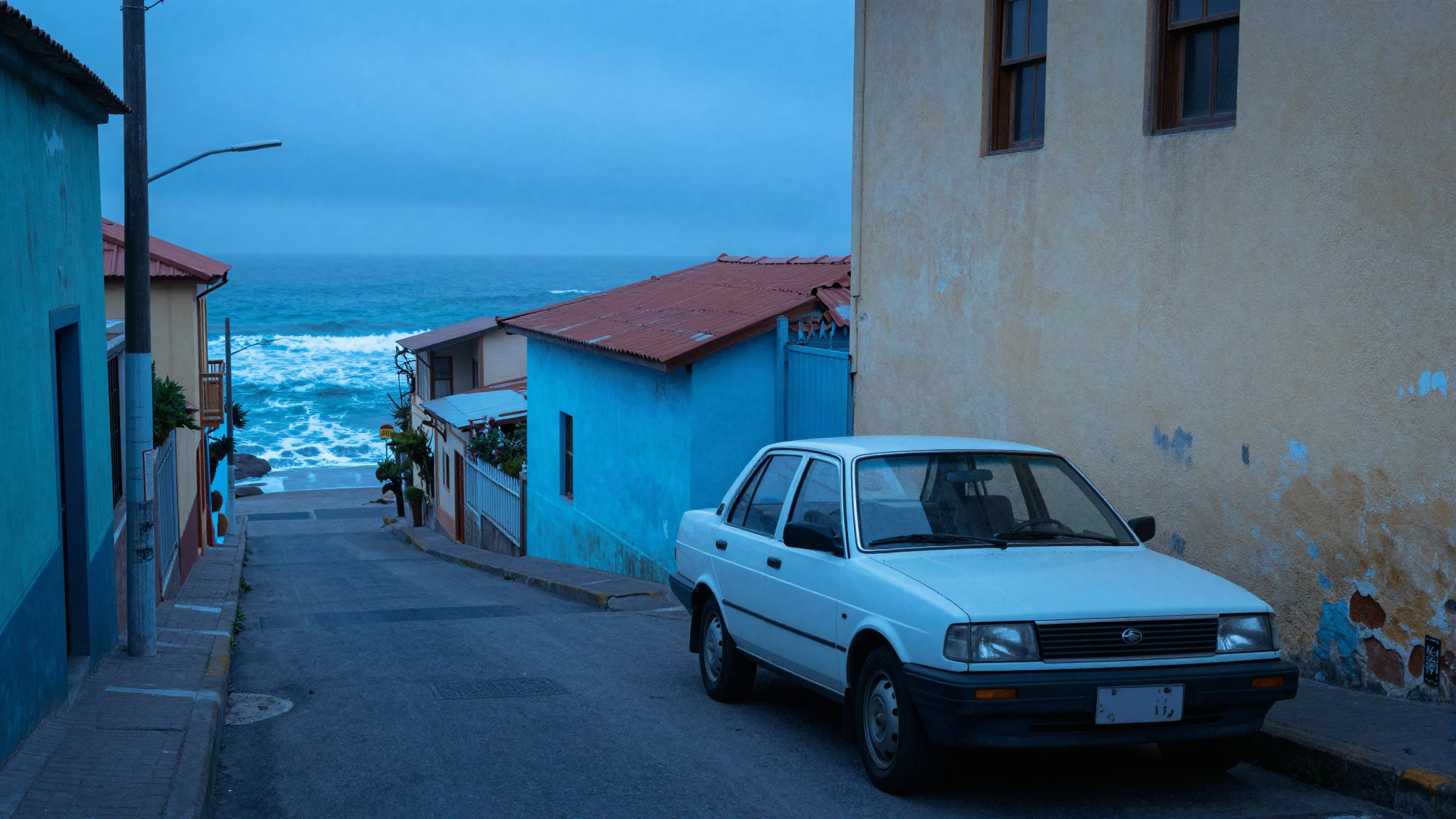 A vintage shared taxi on a steep street in a Chilean coastal town