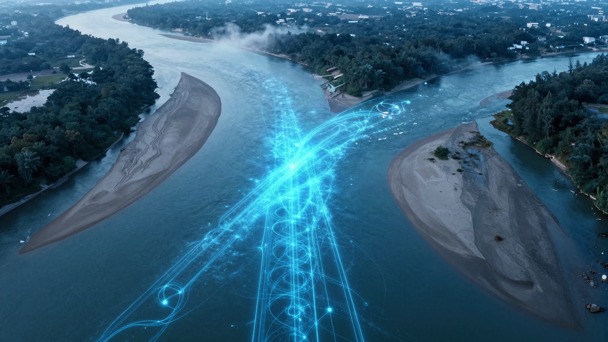 Two great rivers converging into one channel seen from above