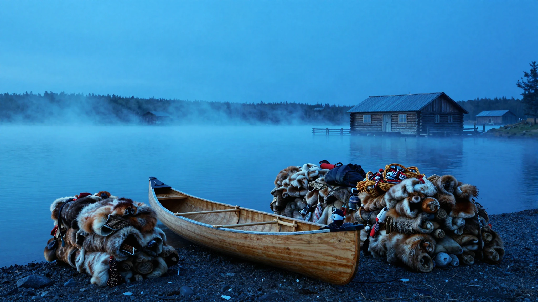 A fur-trade canoe and bundles of pelts on the shore of a northern lake