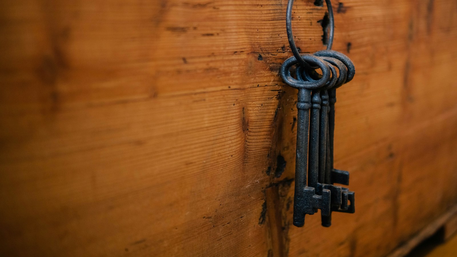 A ring of old keys hanging on a wooden wall, the access a founder must document before it can be handed over