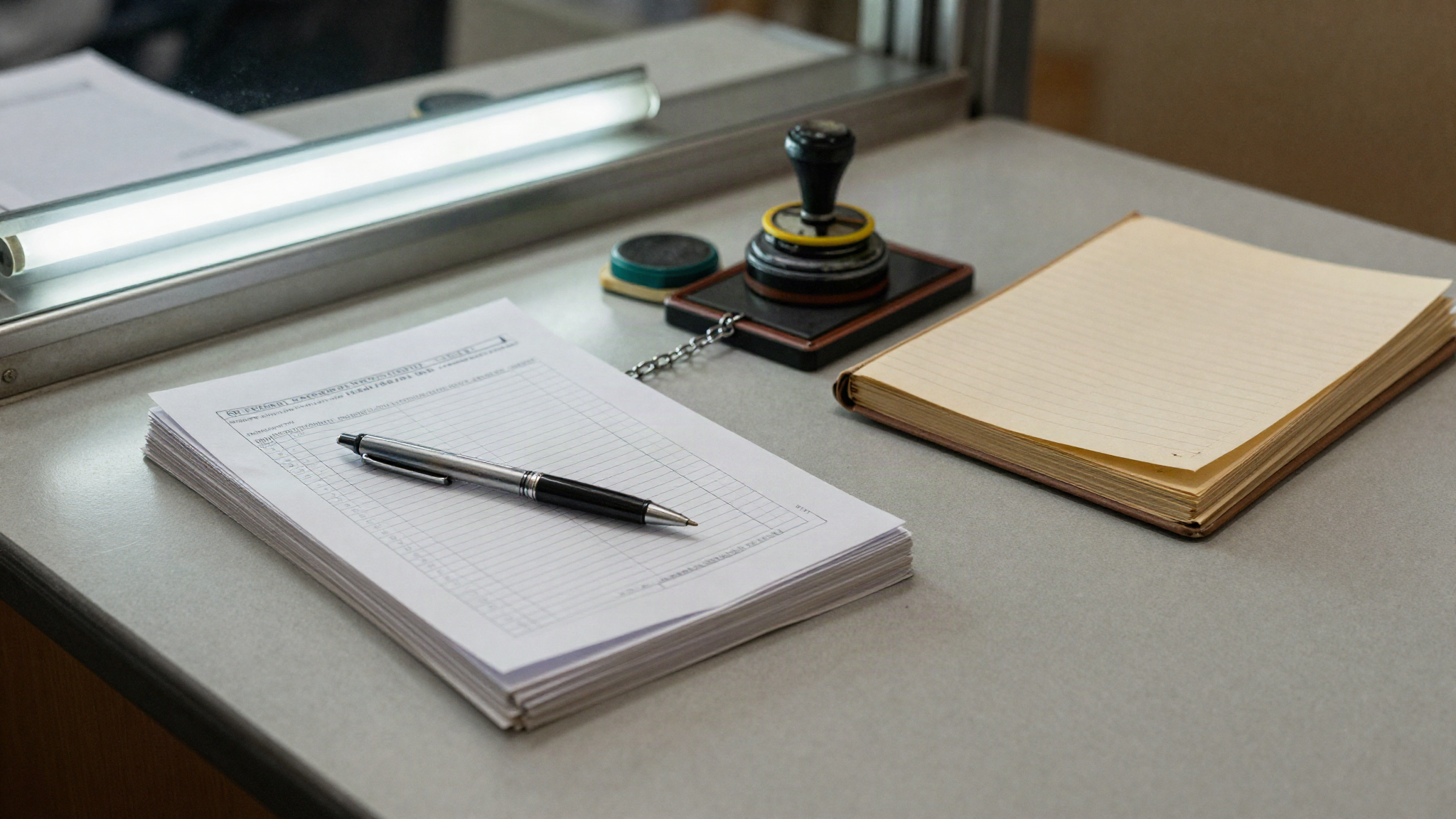 Overhead view of an old bank counter with carbon-copy transfer forms, a chained pen, a date stamp and a worn ledger.