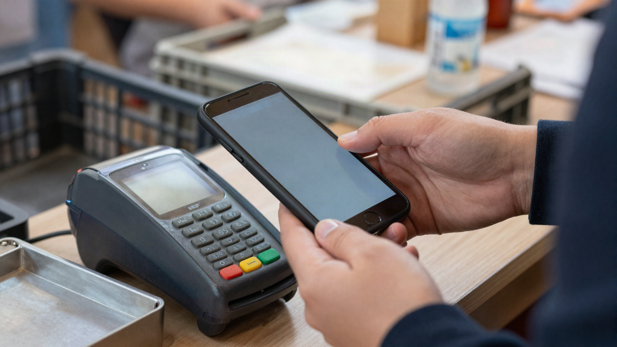 A hand holding a phone over a contactless payment terminal on a market stall counter in late afternoon light.