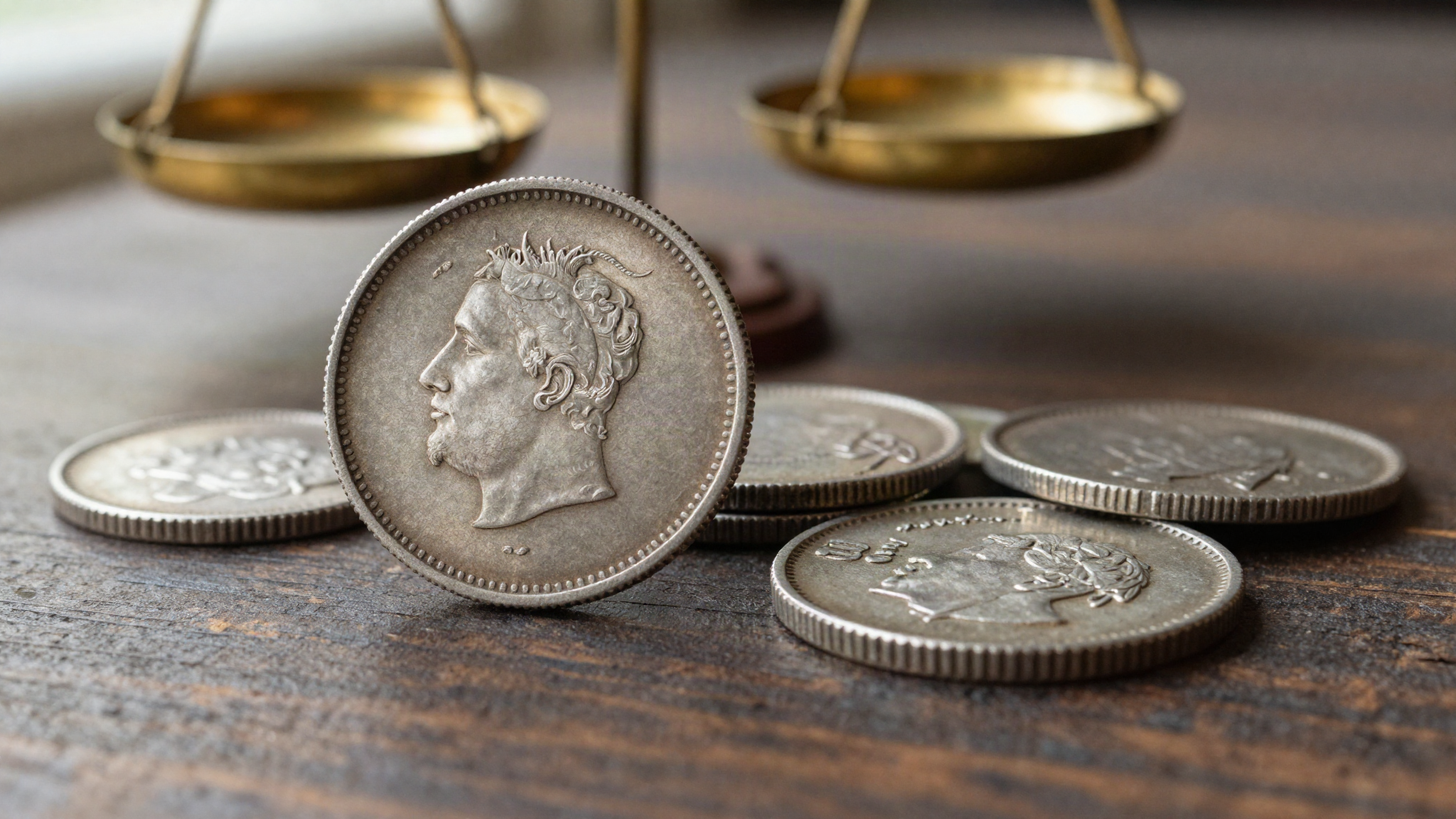 Macro view of antique silver coins on dark oak, one standing on its milled reeded edge beside a clipped coin with an irregular rim.