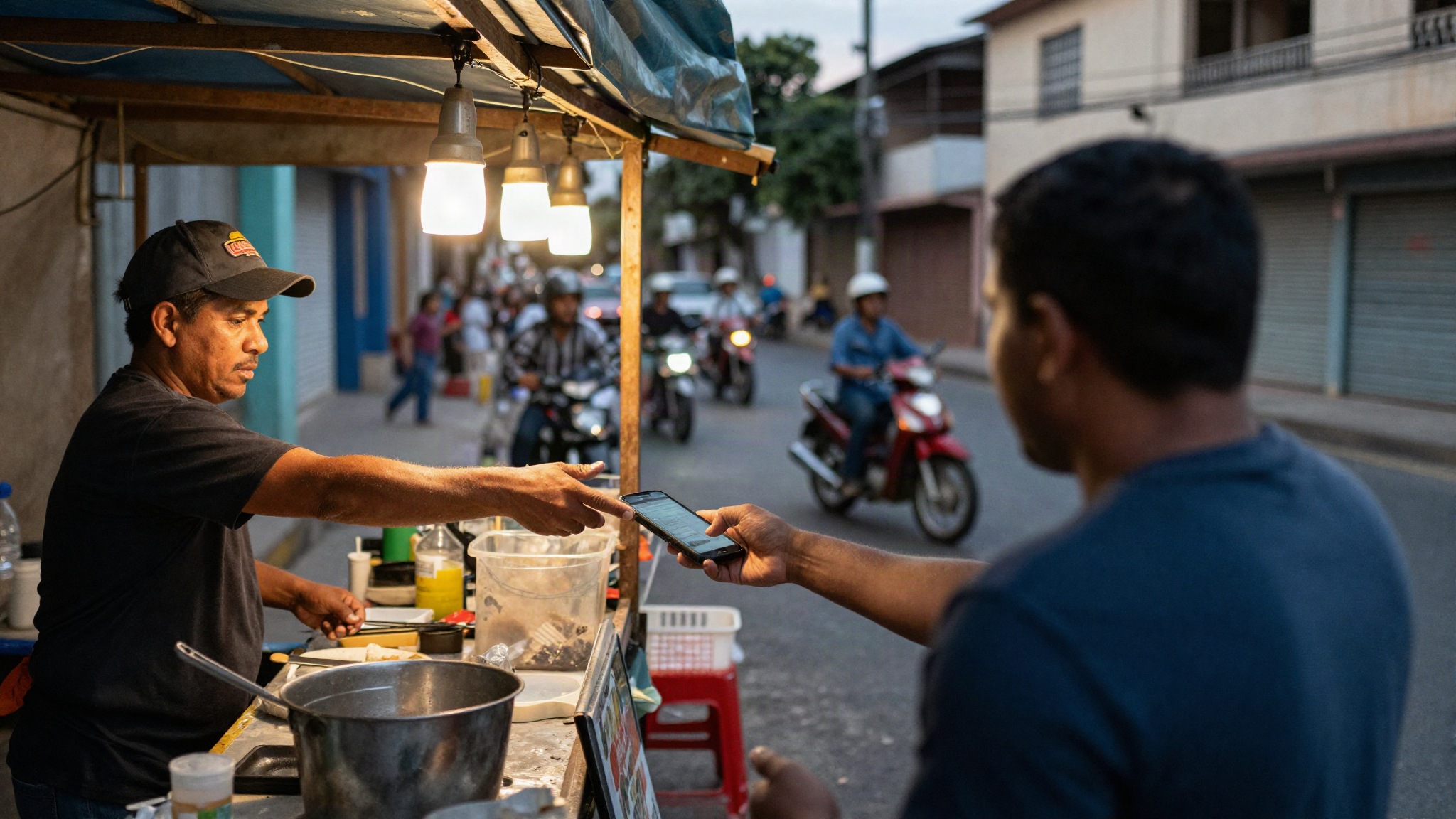 A customer seen from behind paying a street food vendor by phone at dusk under warm stall lights.
