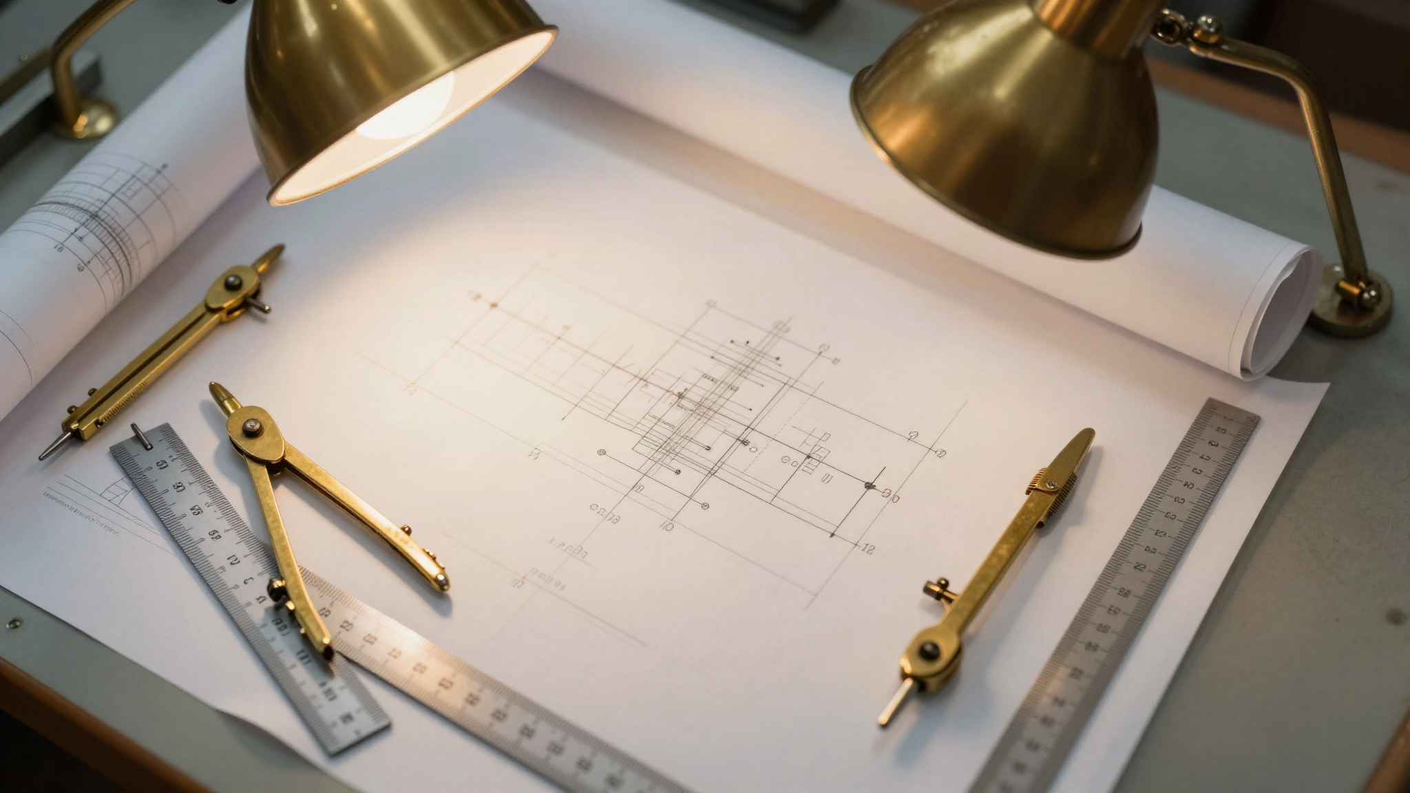 Engineering drafting table with rolled technical drawings, dividers and a brass lamp
