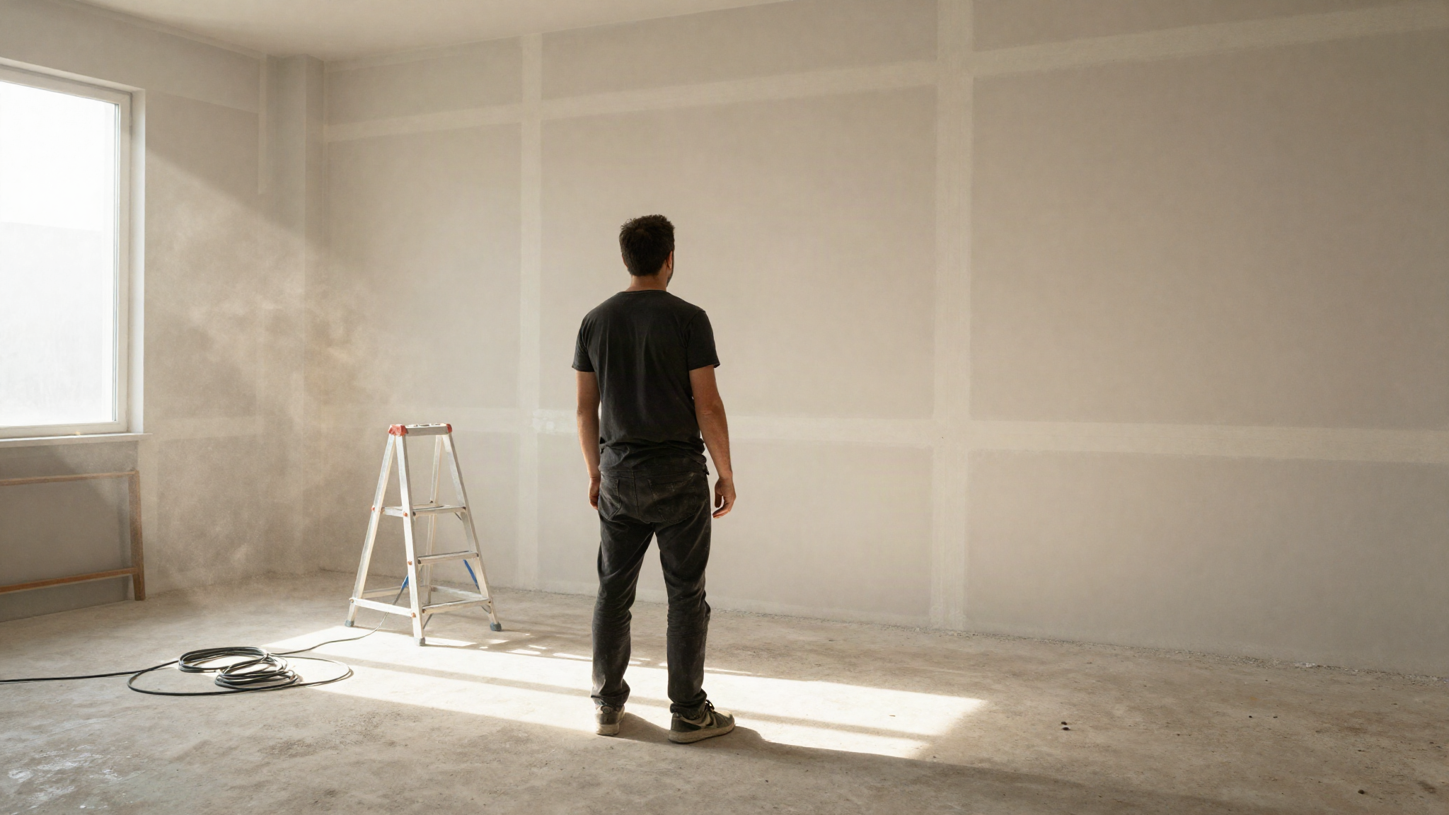A man seen from behind standing alone in a half renovated commercial space in late afternoon light