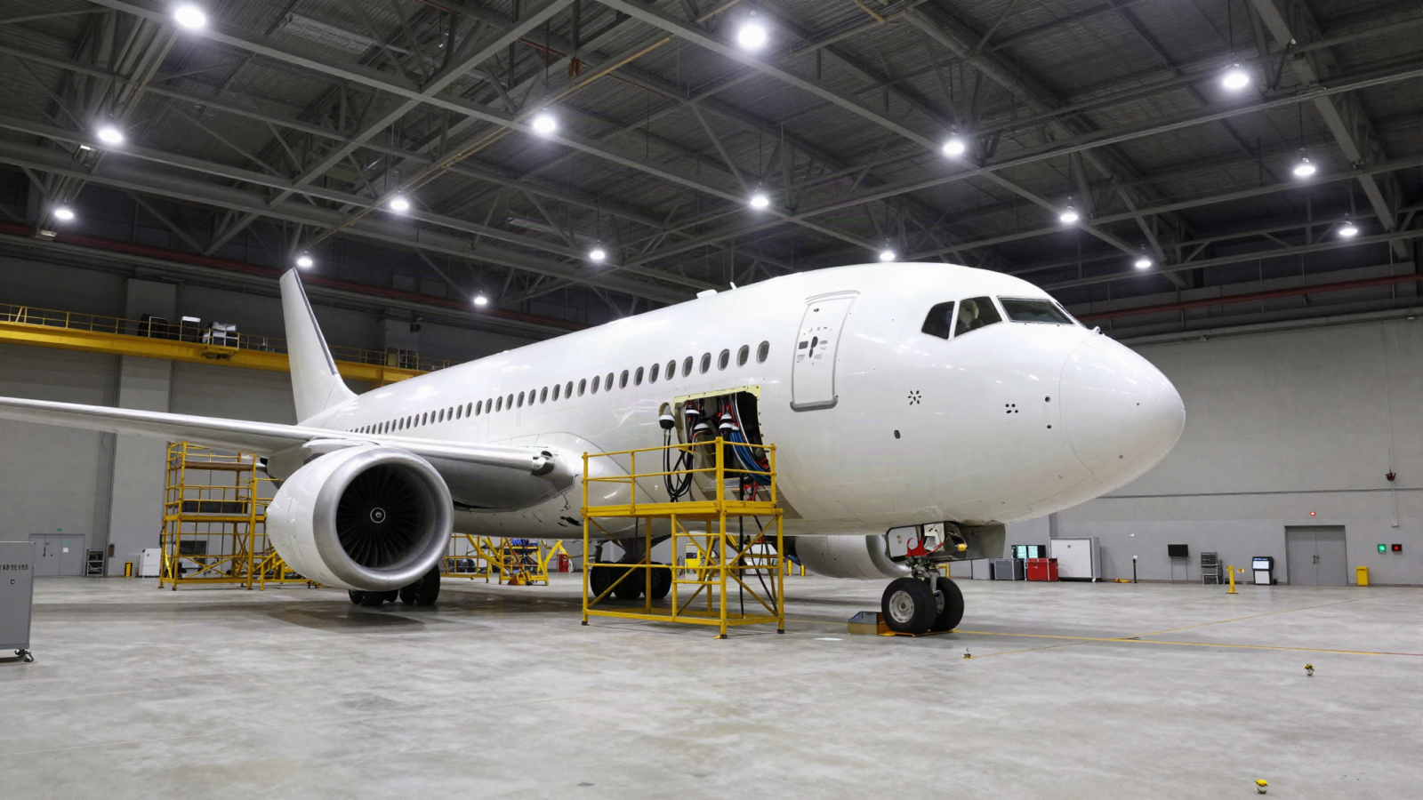 Unmarked airliner fuselage part-built under scaffolding in an aircraft assembly hall at night