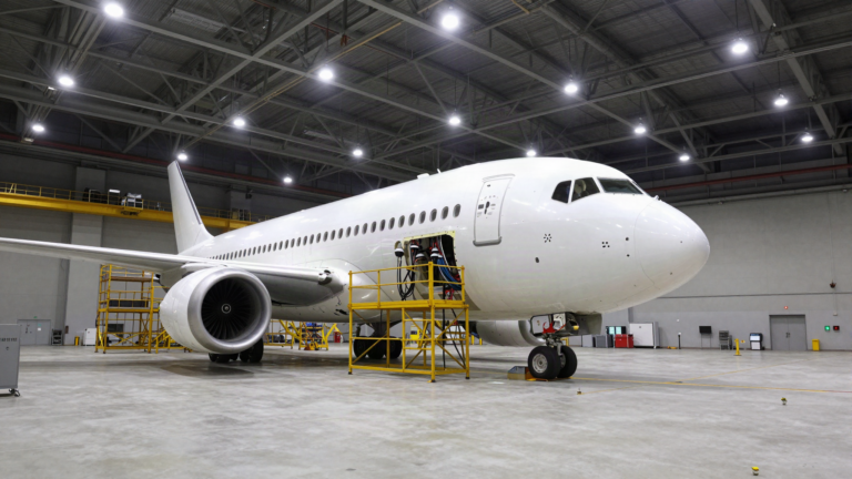 Unmarked airliner fuselage part-built under scaffolding in an aircraft assembly hall at night