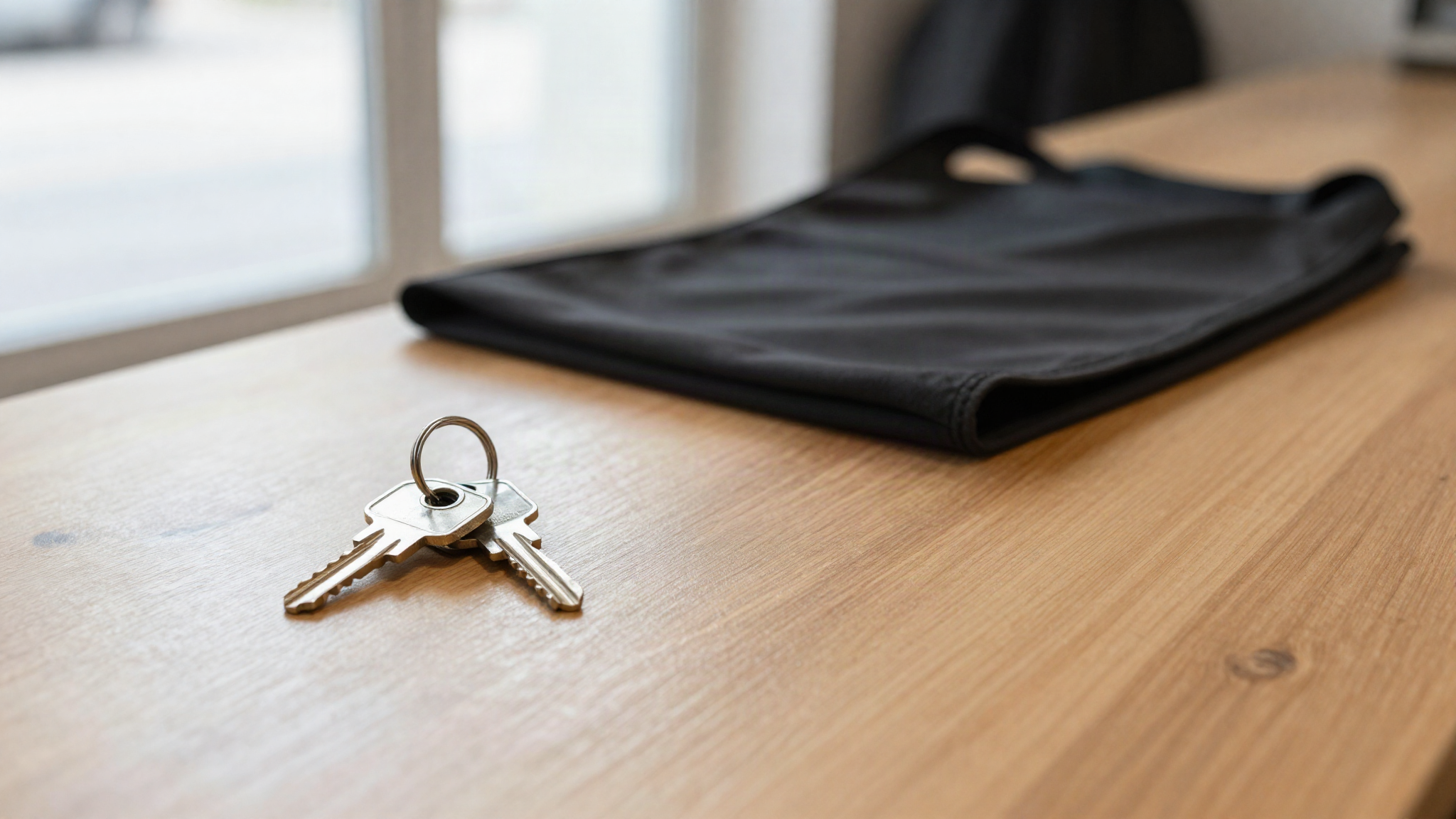A set of keys and a folded work apron left on an empty counter in morning light