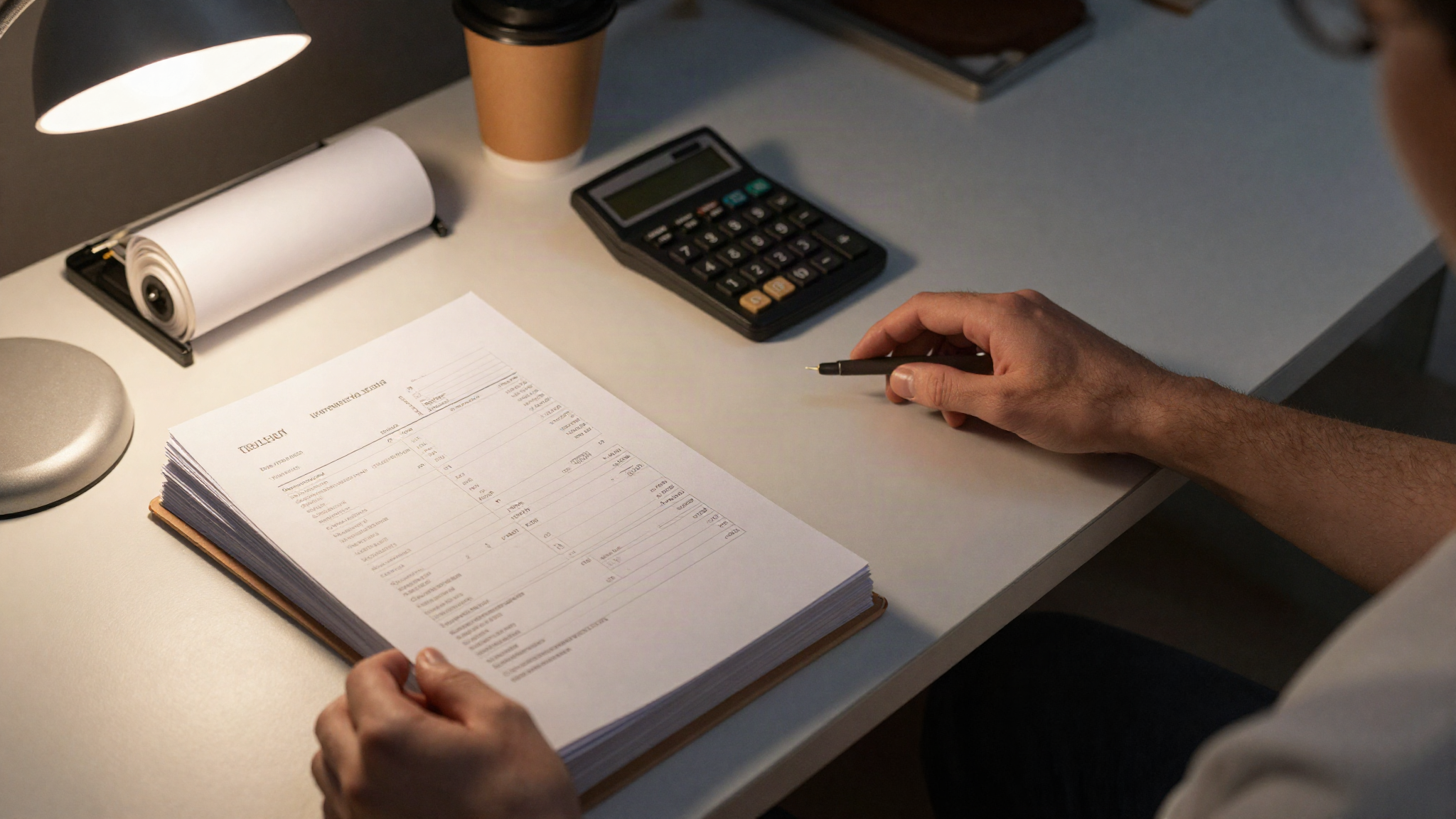 Stack of paper invoices, a calculator and a cold coffee on a desk under a lamp at night