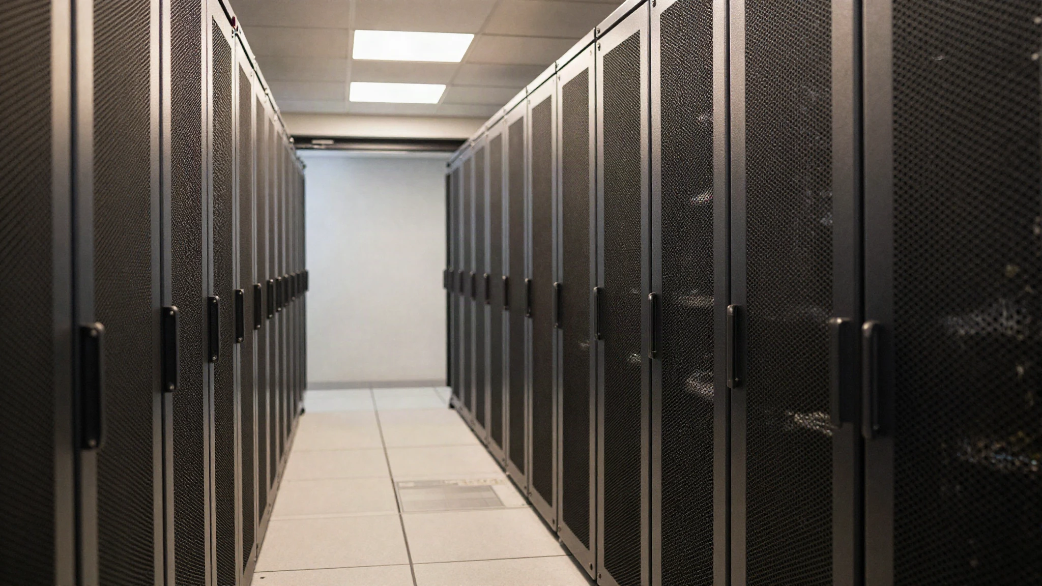 A data center corridor receding between two rows of server racks