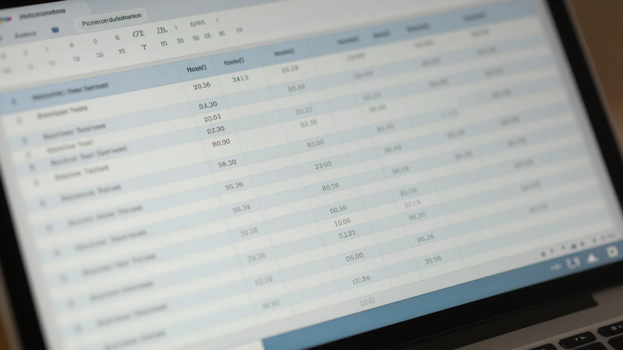 Macro of a laptop screen showing softly out of focus rows and columns of a database table