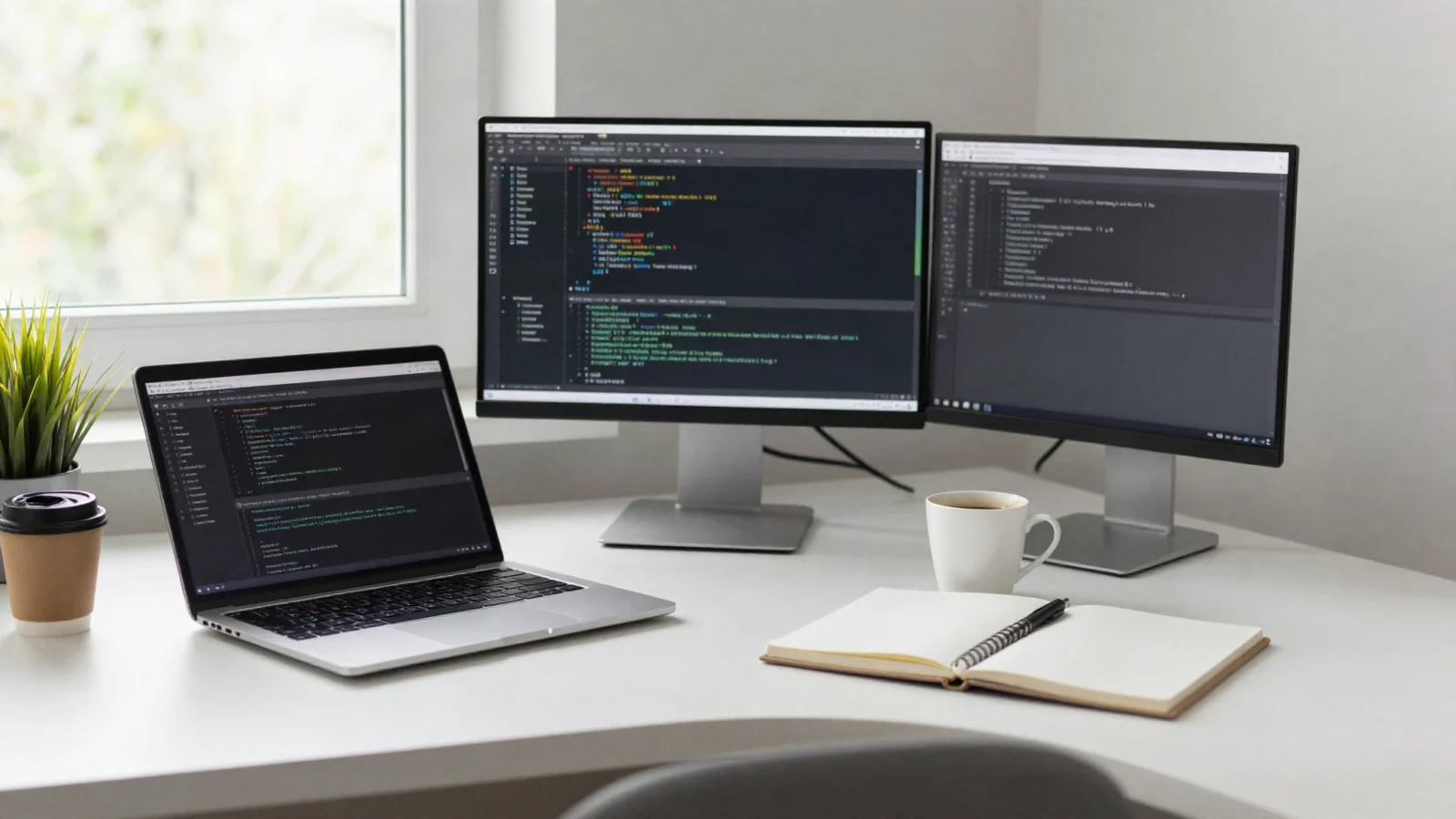 A clean developer workstation beside a window in daylight with a laptop and external monitor