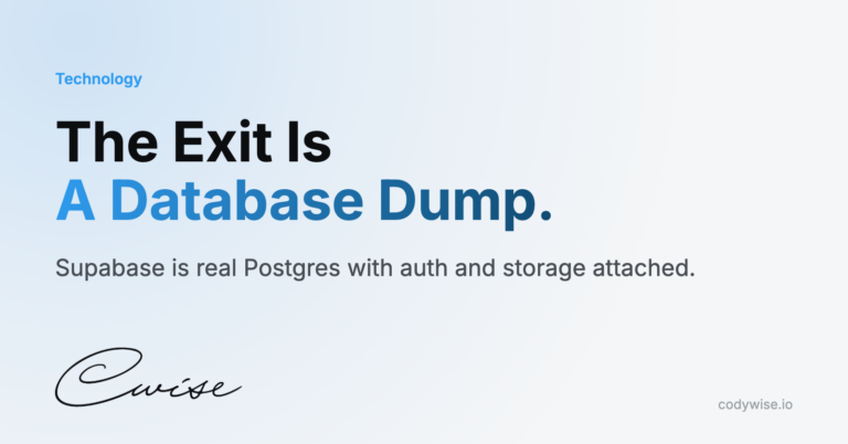 Card reading The Exit Is A Database Dump. Supabase is real Postgres with auth and storage attached.