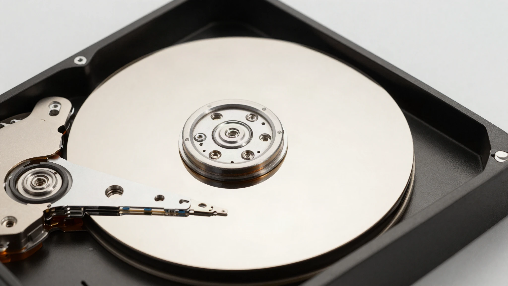 Macro of an opened enterprise hard drive showing the mirrored platter and actuator arm