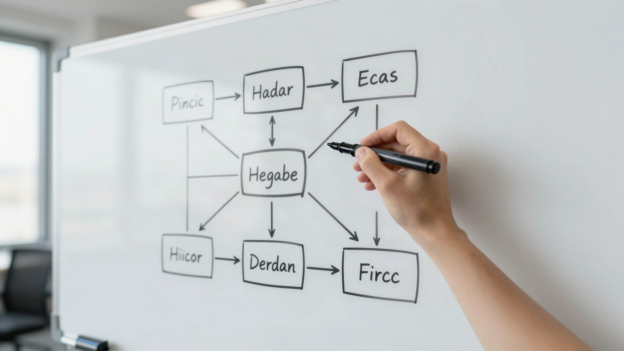 A hand drawing a database schema diagram of connected boxes and lines on a whiteboard