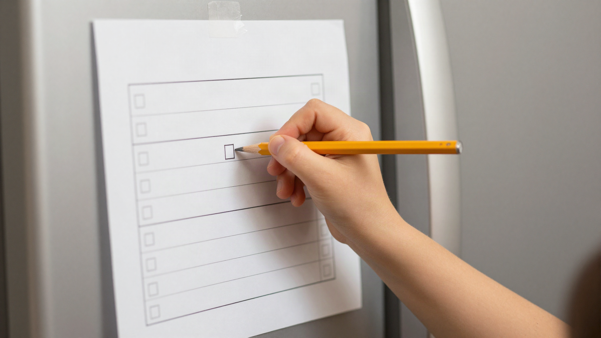 A child hand marking a box on a homemade paper habit chart taped to a fridge