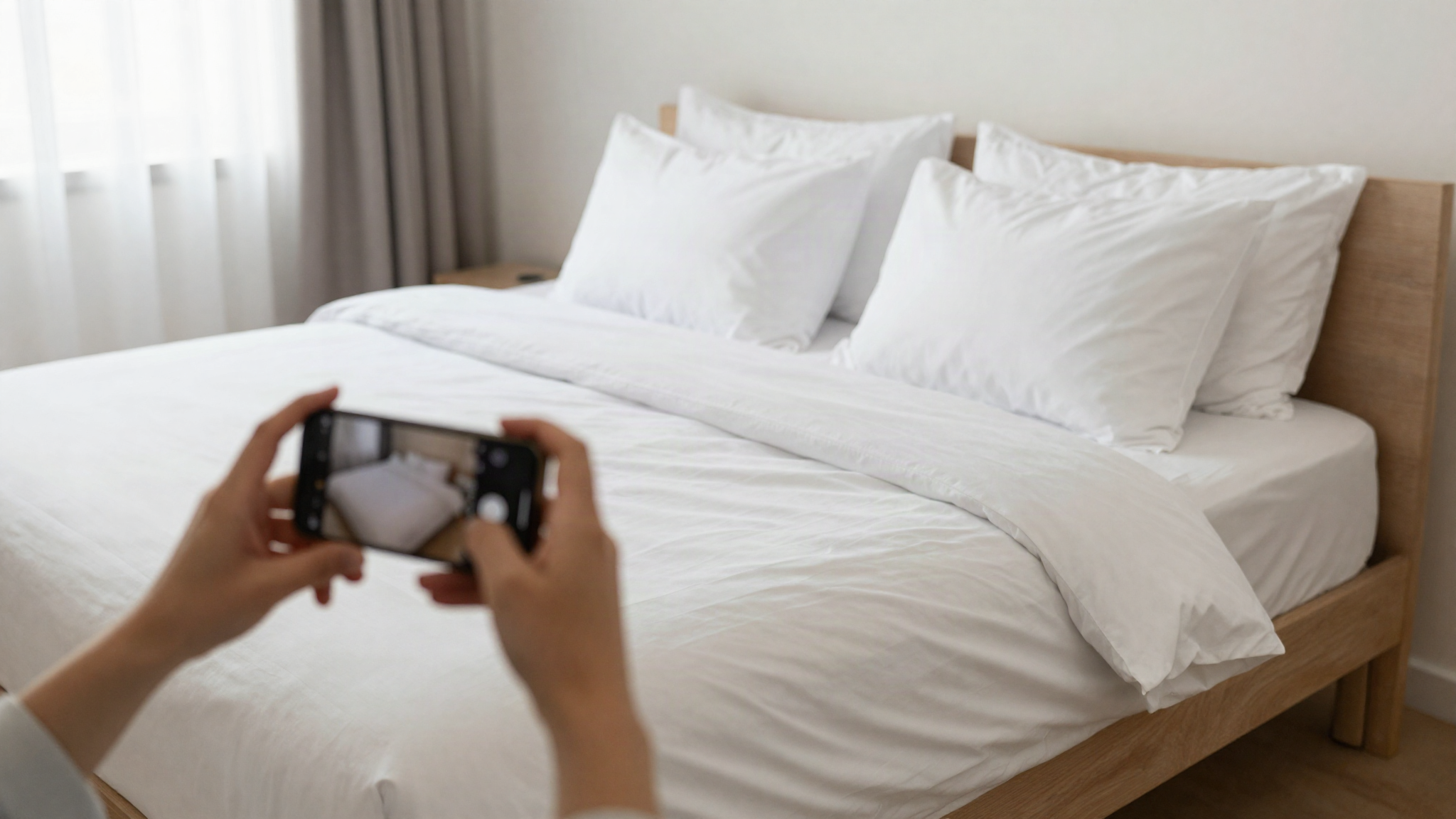 Hands photographing a freshly made bed in a bright short term rental bedroom as a self check before leaving