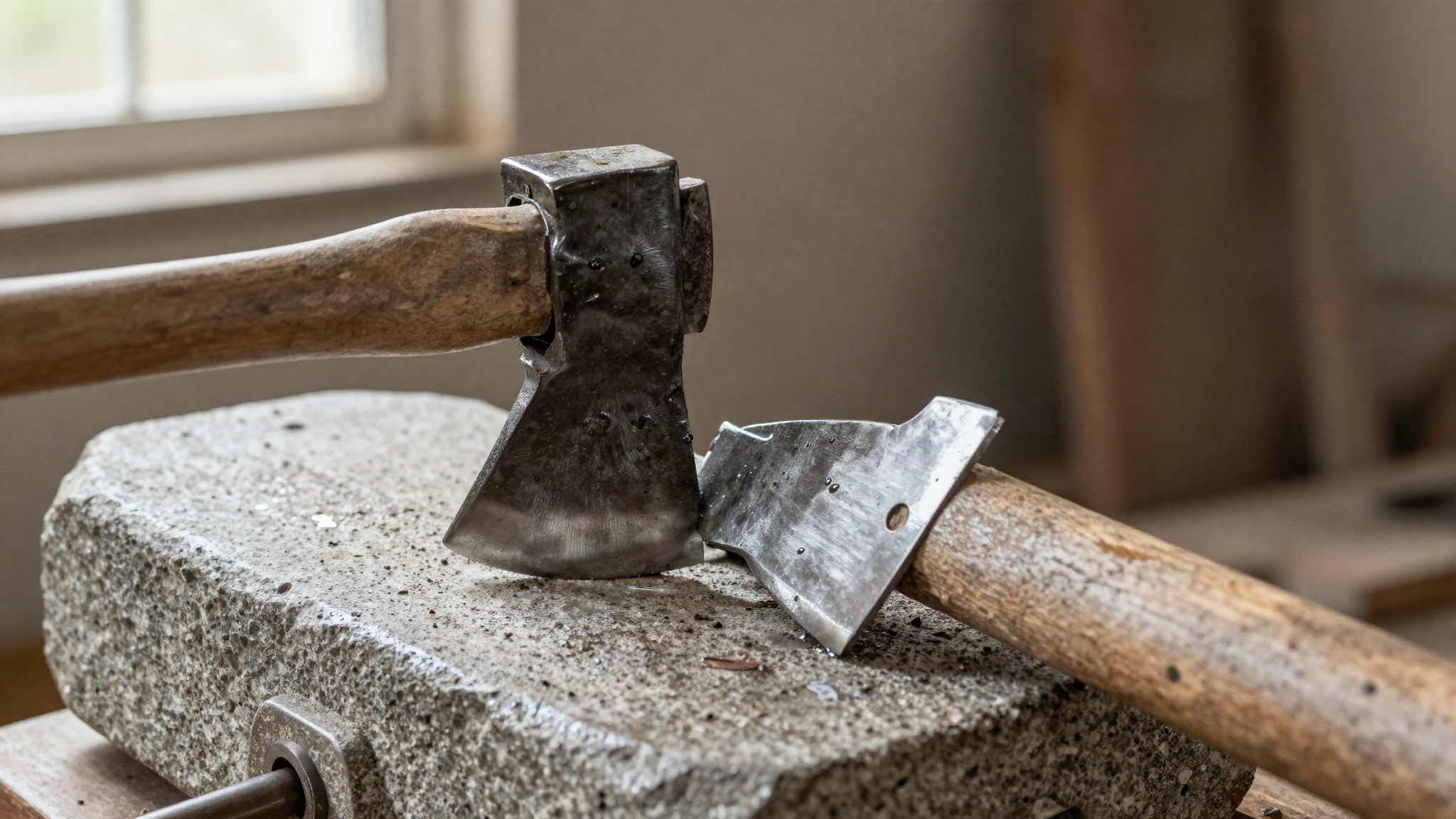 An axe head on a sandstone grindstone with half the steel polished bright and half still grey and speckled