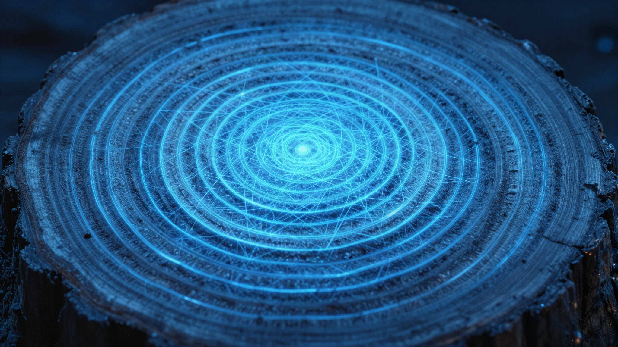 Concentric tree growth rings lit in electric cyan blue