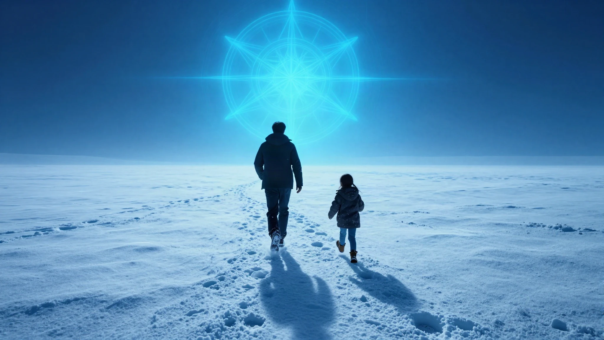 Two sets of footprints, one large and one small, crossing deep snow in blue light