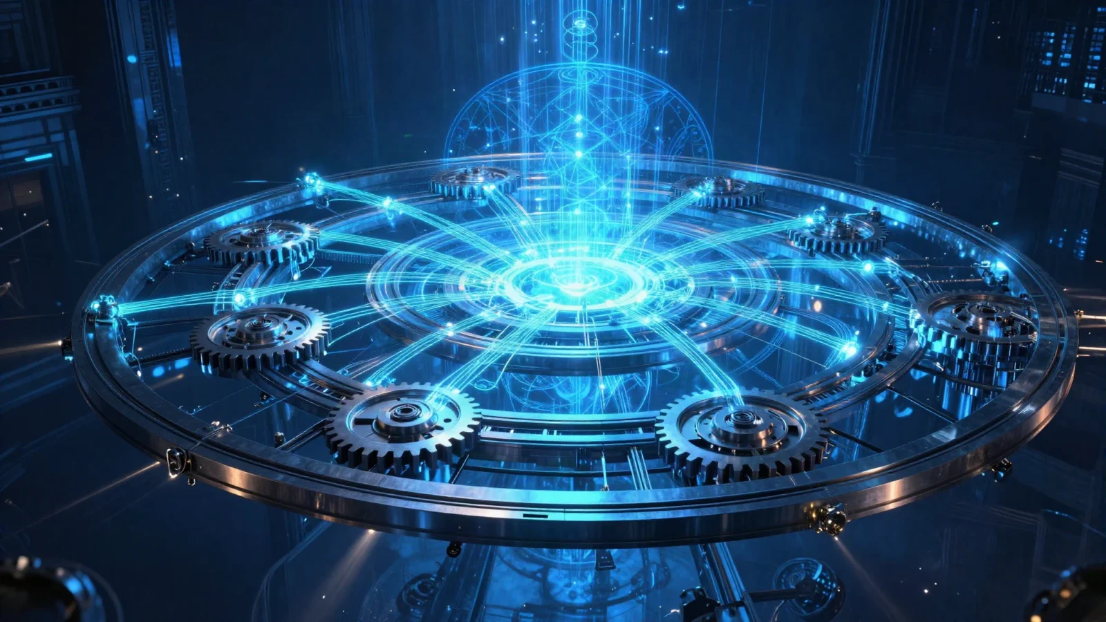 Interlocking blue gears and orbiting nodes forming a founder operating system