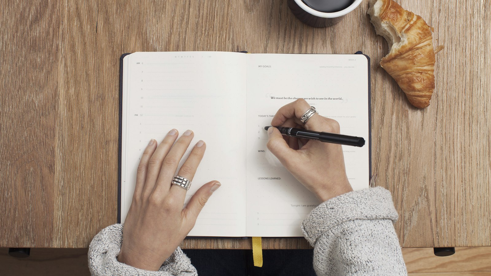 Hands writing in a notebook: the weekly two-column audit of what is up to you and what is not