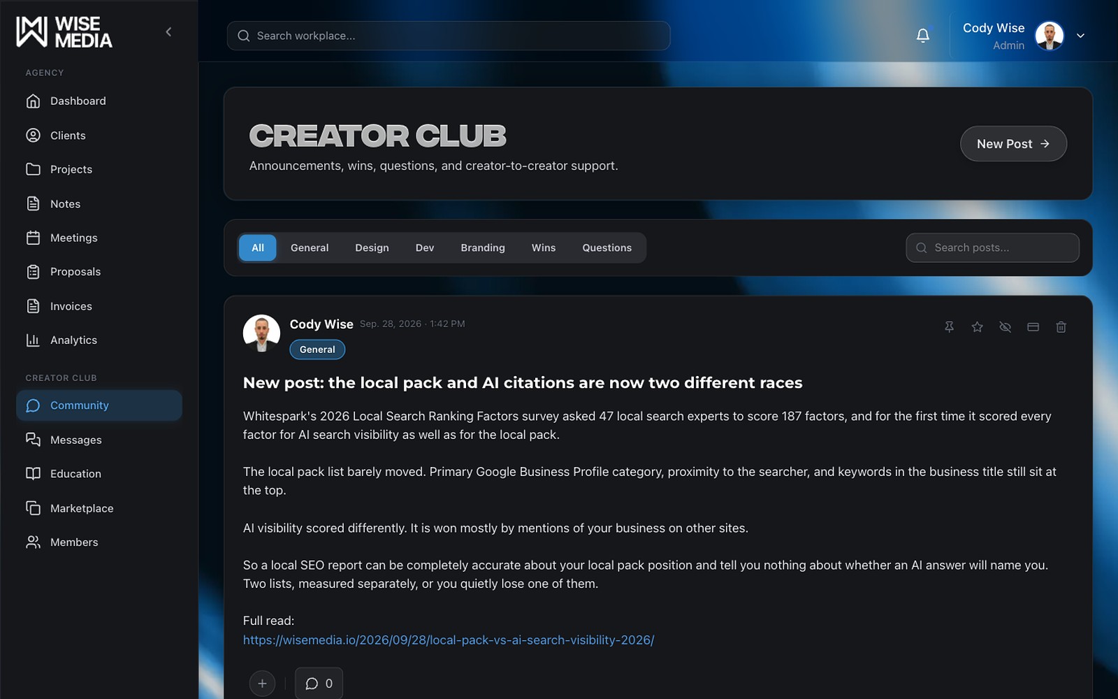 Creator Club community feed inside Wise Media OS