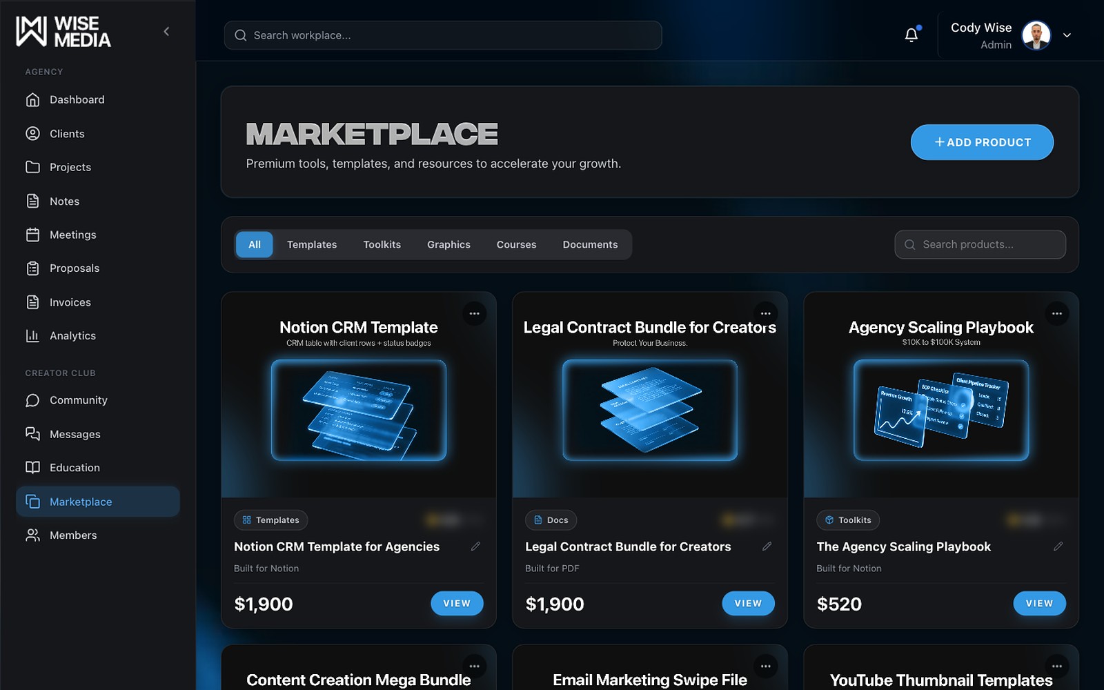 Creator Club marketplace inside Wise Media OS listing templates, toolkits and courses