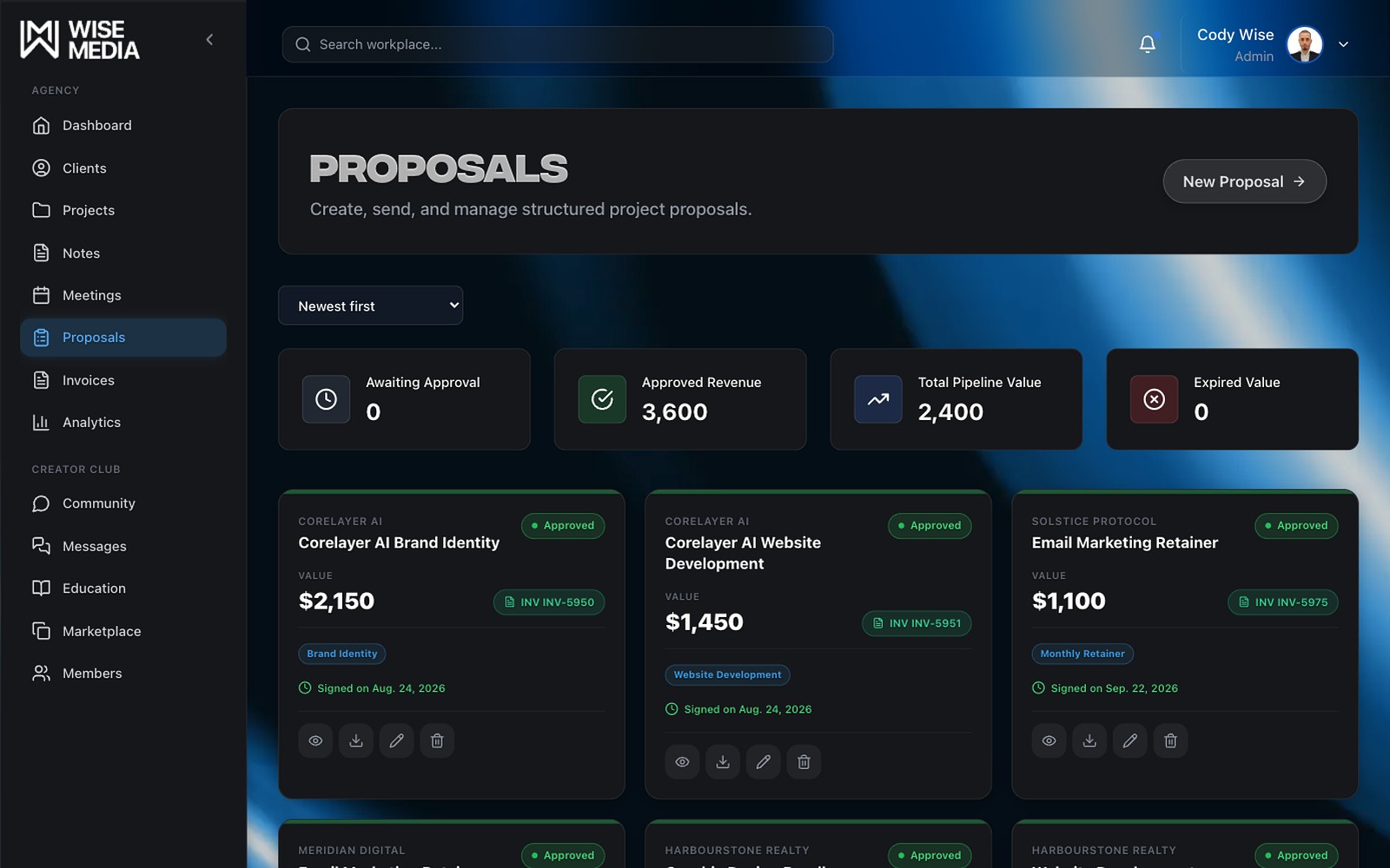Wise Media OS proposals view with approved value, scope tag and the invoice raised against it