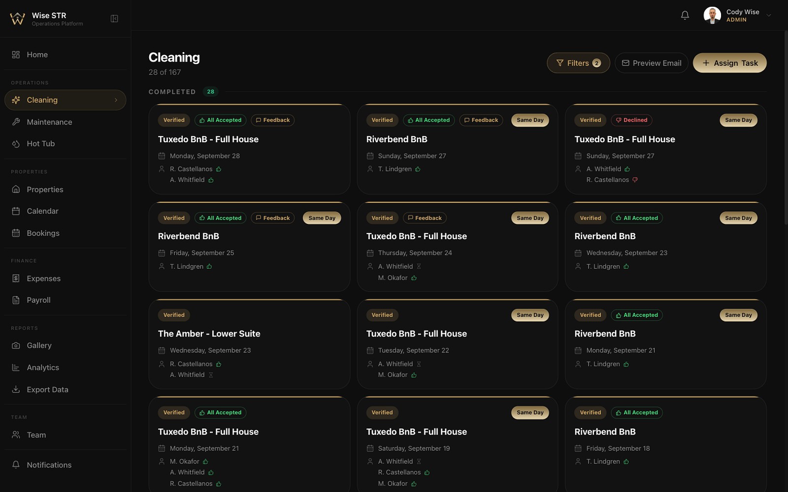 Wise STR cleaning module with verified turnovers, accepted photo checks and cleaner feedback