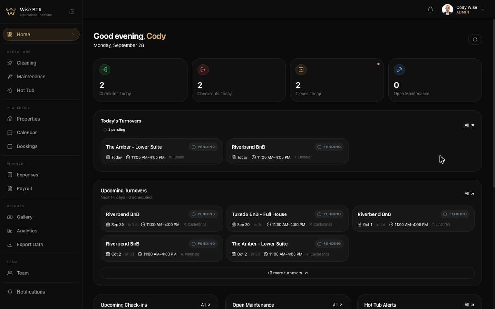 Wise STR dashboard showing today and upcoming turnovers across the managed portfolio
