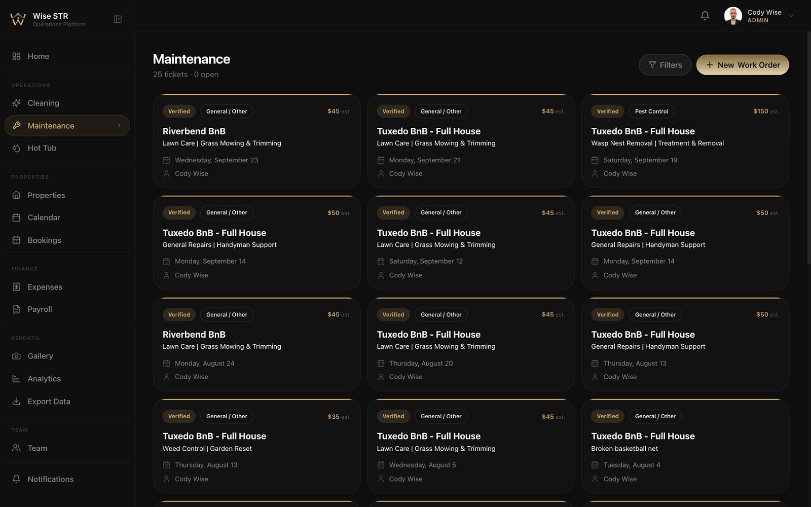 Wise STR maintenance module listing work orders by category with estimate and property