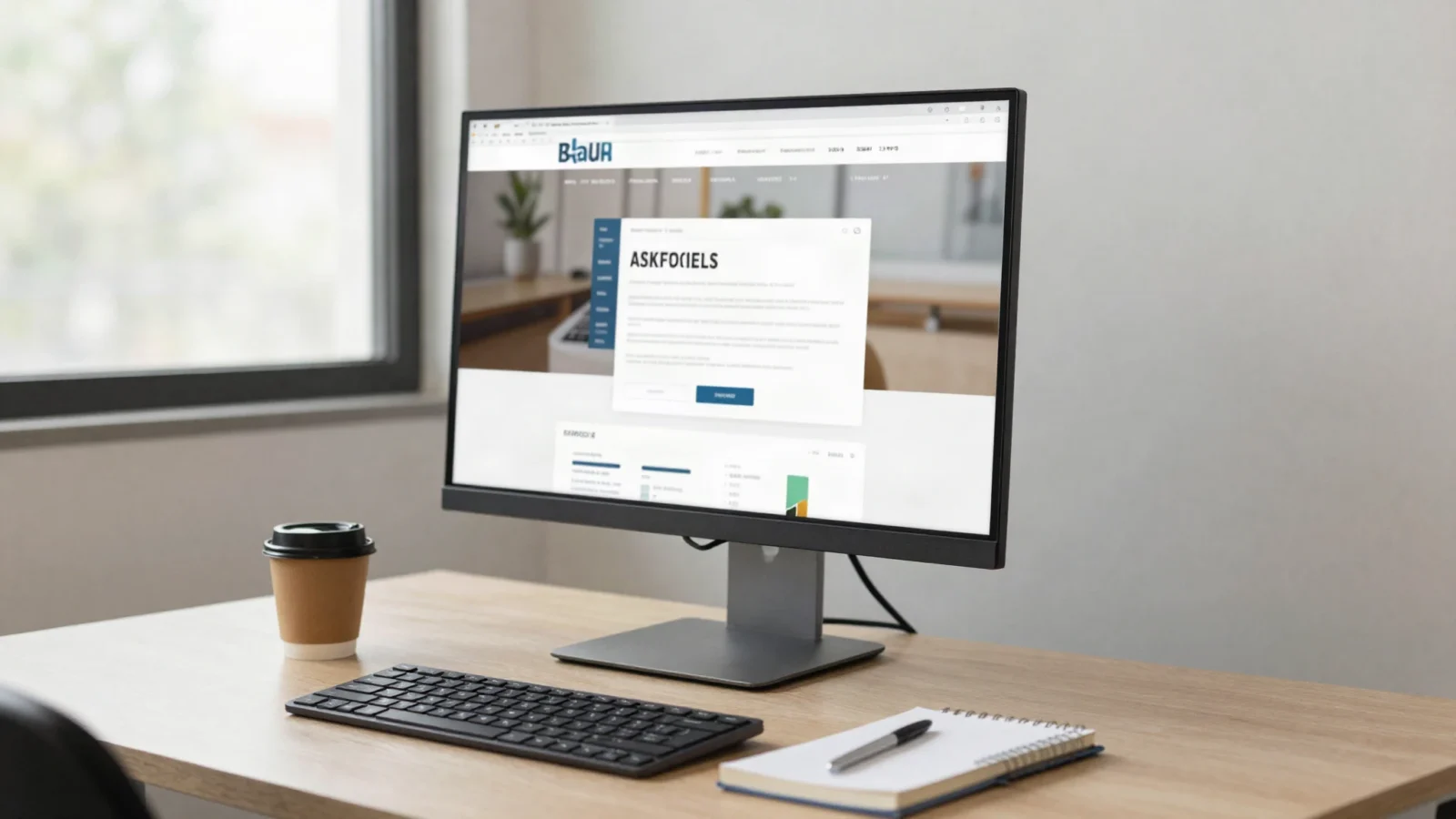 A small business office desk with a large monitor showing a website layout in natural daylight